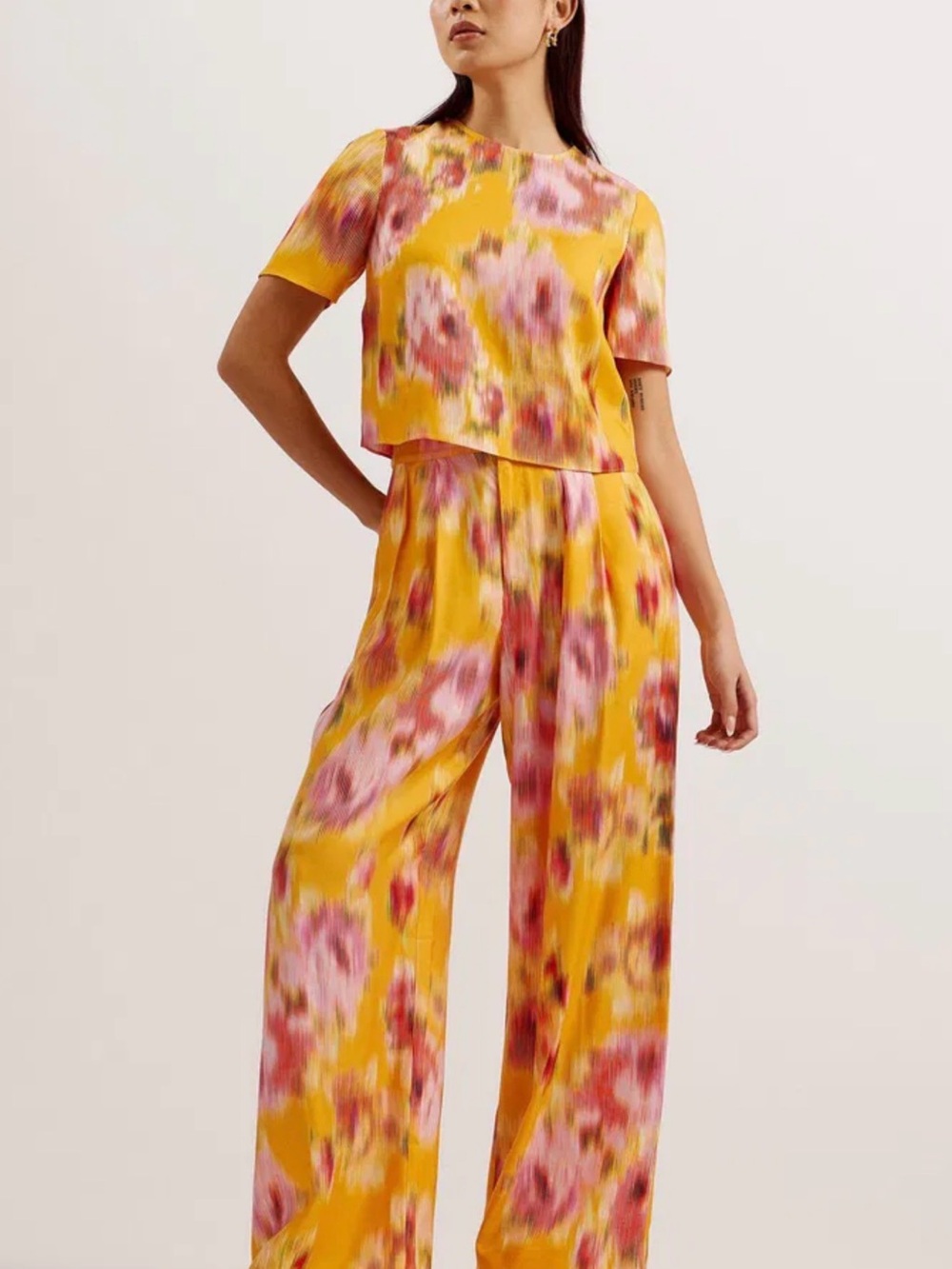 Ted Baker London Yellow Wide-Leg Floral Jumpsuit with Pink Accents
